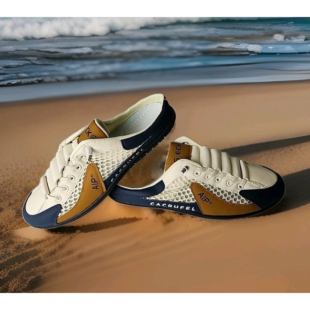 CACRUFEL VIP Mesh Breathable LaceUp Men's 12.5 Slip-On Sneaker‎ White Blue Brown